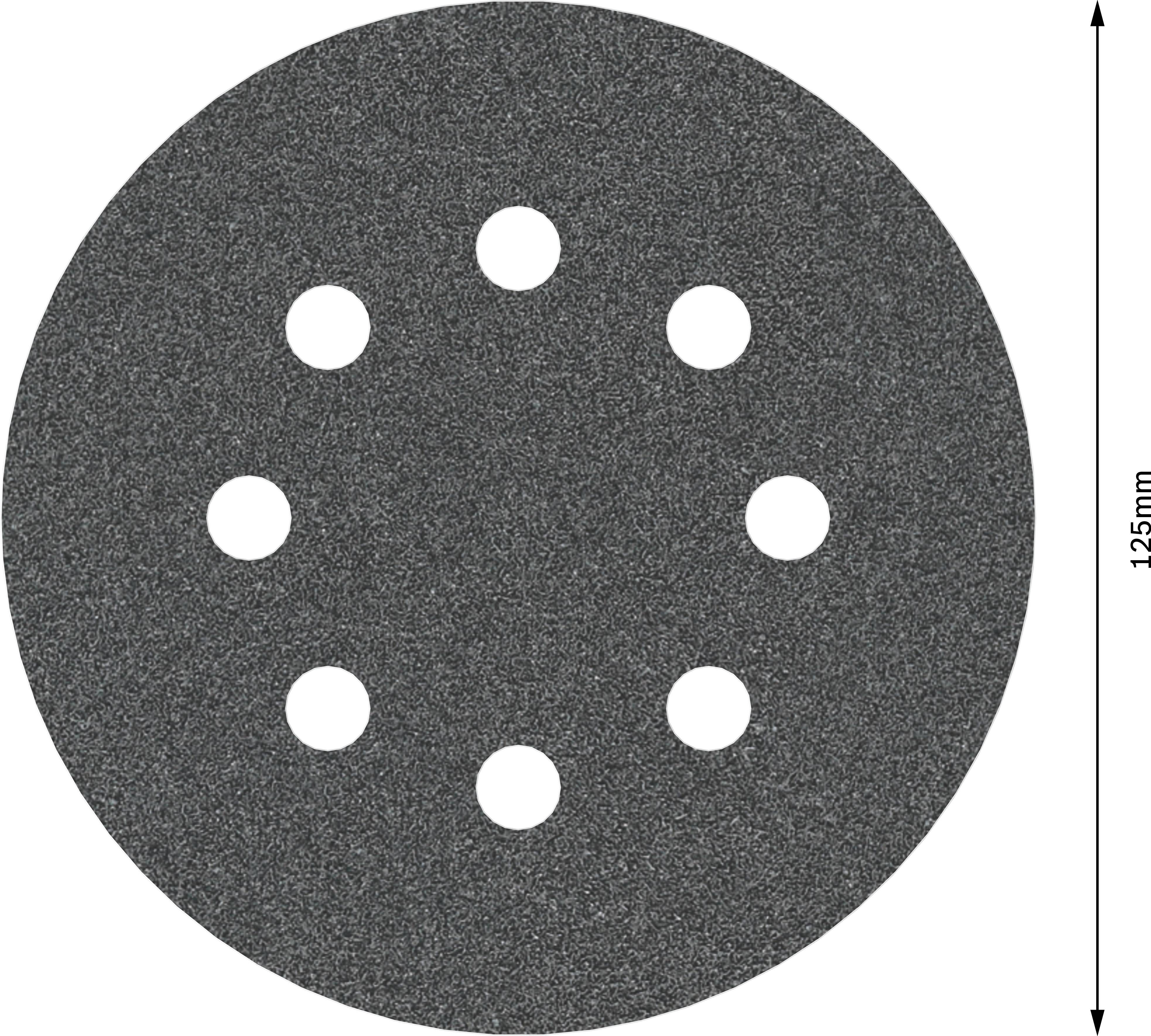 Gråt slibepapir rundt, 125 mm diameter, med otte huller til effektiv støvudsugning.