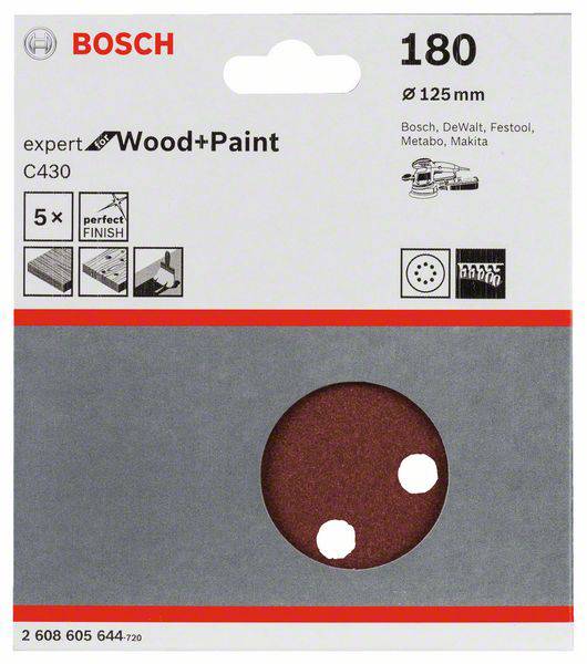 'Bosch Expert C430 Sandpapir, Kornstørrelse 180, 125 mm diameter, egnet til træ og maling, perfekt til en glat finish.'