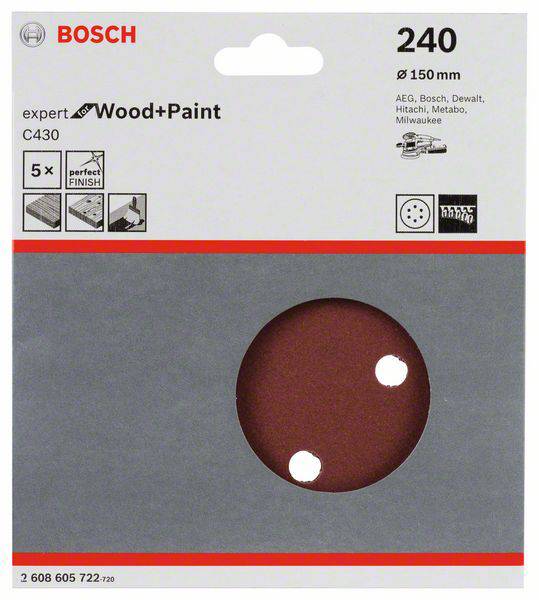 Bosch slibepapir C430, kornstørrelse 240, egnet til træ og maling, cirkelformet, 150 mm diameter, kompatibel med bestemte mærker.