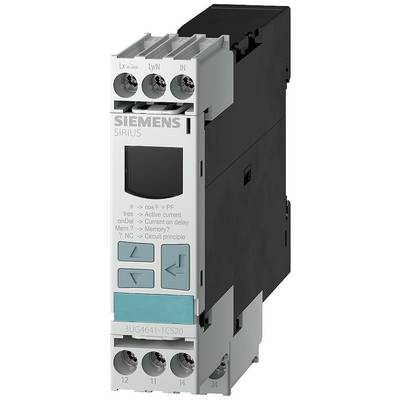 Et Siemens SIRIUS overvågningsenhed med display og betjeningstaster, som viser elektriske karakteristiske data.