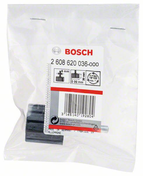 Bosch reservekultbørster, modelnummer: 2 608 620 036-000, dimensioner: 6x9x15 mm, i en gennemsigtig pose med stregkode og logo.