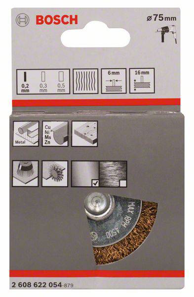Emballage til Bosch trådbørstilbehør med 75 mm diameter. Egnet til metal, kobber, nikkel, messing og zink.