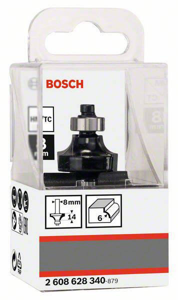 Pakket 'Bosch' fræserspids. Fræser Ø 8 mm, skaft 8 mm, radius 1/4 tomme. Illustration af fræserformen på emballagen.