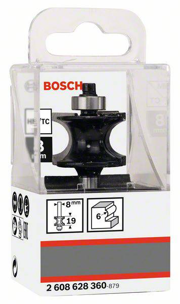 Bosch dybelboks med en 8 mm notfræser. Emballagen viser værktøjsdetaljer og anvendelser til præcis fræsning.