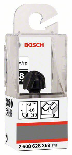 En emballage til en Bosch fræser med 8 mm diameter. Fremstillet af hårdmetal. Produktnummer: 2 608 628 369-879.