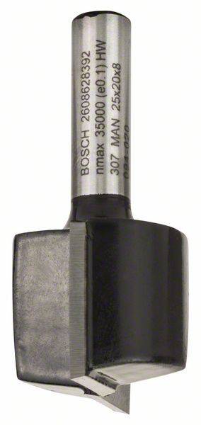 Bosch træfræser med cylindrisk skaft og skarpe kanter, egnet til træbehandling. Modelnummer '2608628392', maksimal omdrejningshastighed '35000'.