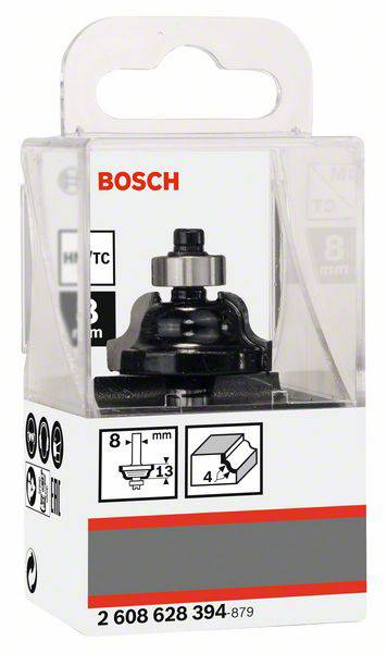 Bosch-kantfræser med en diameter på 8 mm, pakket i en transparent boks. Indeholder kant- og profilinformationer.