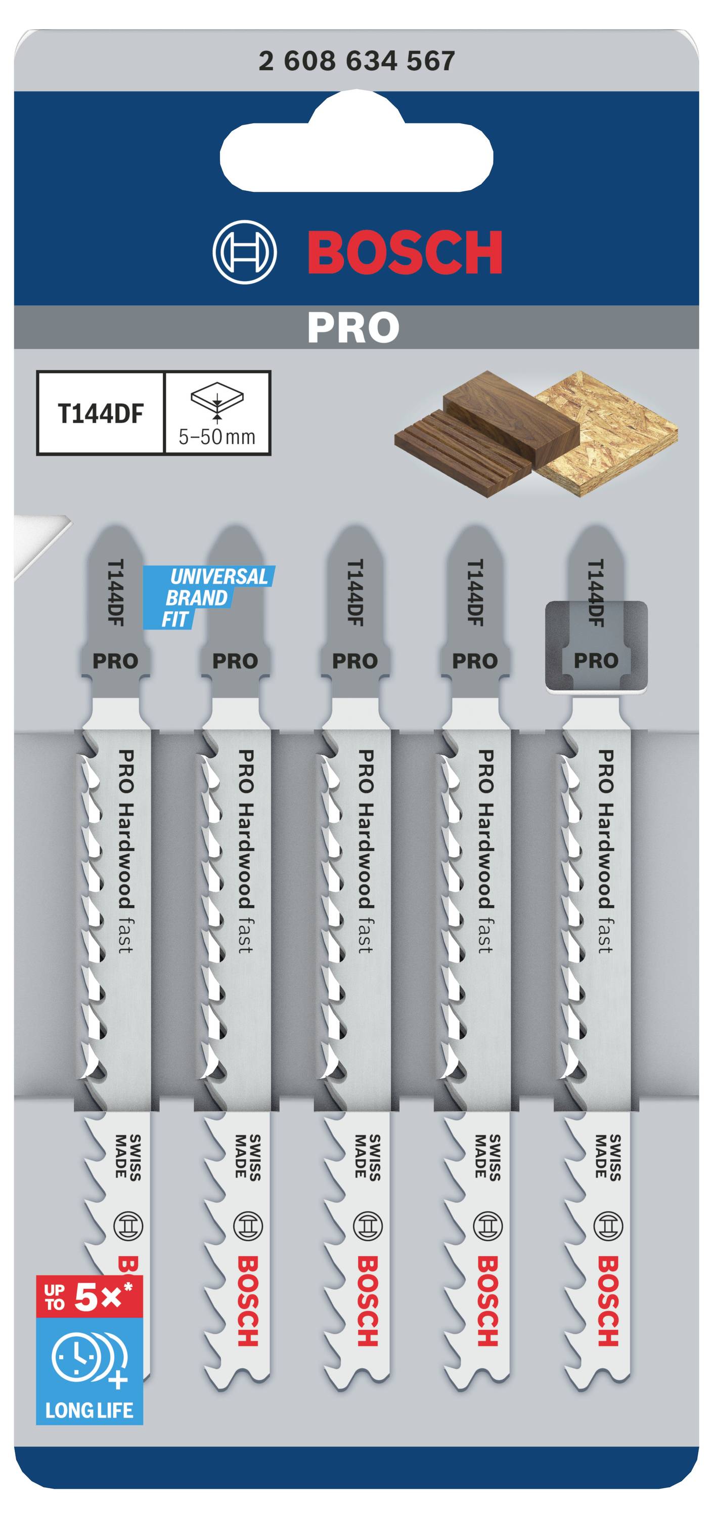 Emballage med fem Bosch stiksavklinger til træ. Egnet til 5-50 mm tykkelse, universel pasform, holdbar.