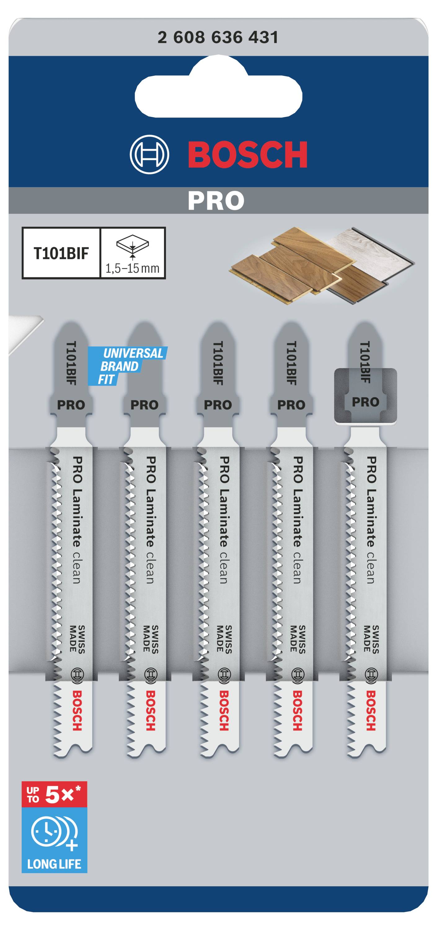 Sæt Bosch PRO stiksavklinger, model T101BIF, egnet til 1,5-15mm materialer. Fem klinger i pakken, kompatible med universalapparater.