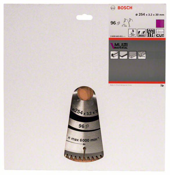 Rundes multimateriale savblad til forskellige anvendelser, pakket på en displaykarton. Varemærke 'Bosch' øverst til højre.
