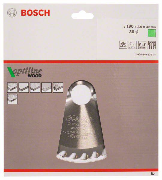 Emballage til Bosch cirkelsavklinge 'Optiline Wood' til træ, 190 mm diameter, 2,6 mm tykkelse og 30 mm boring.