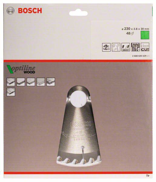 Billedet viser en Bosch 'Optiline Wood' savklinge-emballage med specifikationer: 230 mm diameter, 2,8 mm tykkelse, 30 mm hul.