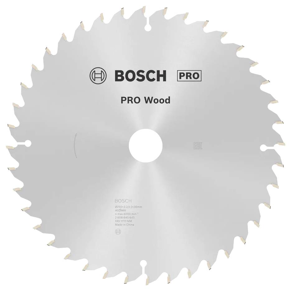 En rundsavsklinge mærket 'BOSCH PRO Wood' med en sølvfarvet finish og talrige skarpe tænder langs kanten.
