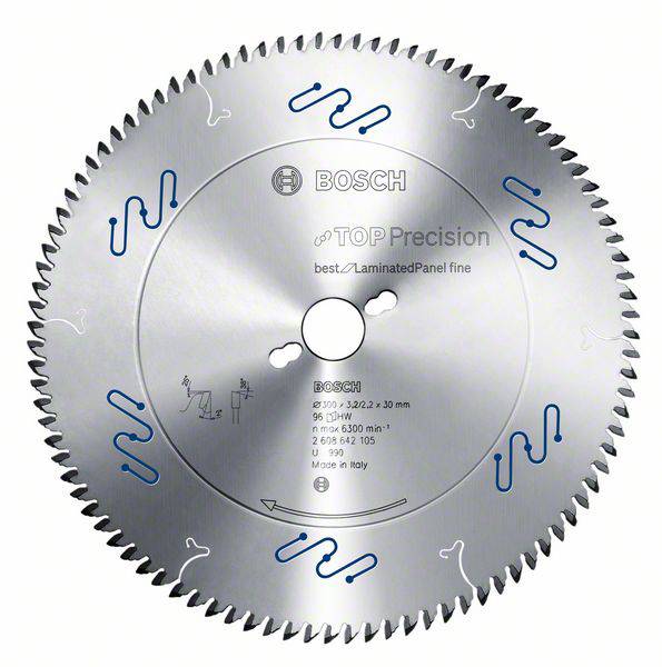 Rundsavsklinge med blå skæreelementer, til præcis skæring af laminatplader. Mærke 'Bosch', diameter 254 mm.