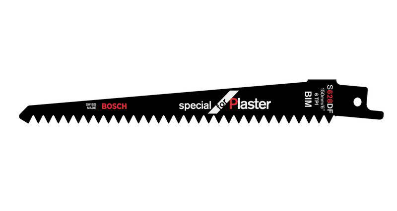 Sabelsavklinge 'Bosch S628DF' til specielle anvendelser i gips. Sort klinge med hvide og røde markeringer.