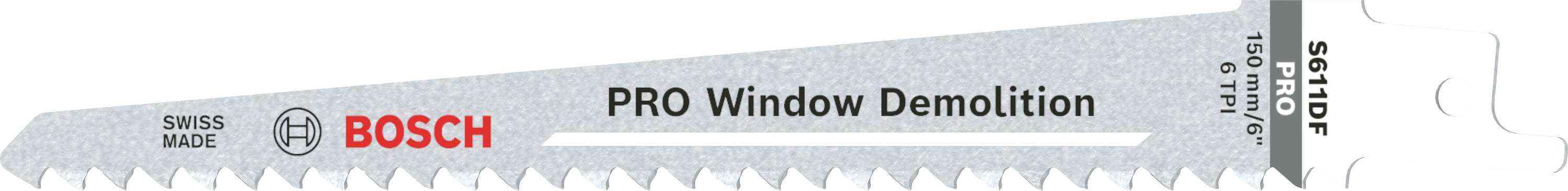Stiksavsklinge fra Bosch, model 'PRO Window Demolition', velegnet til vinduesnedrivning. Swiss Made.