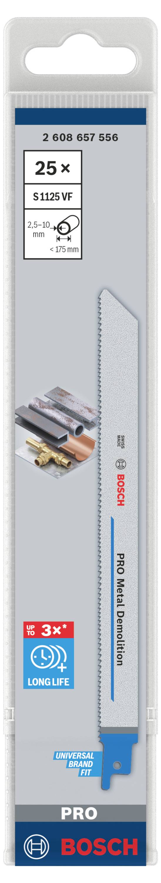 Pakning med 25 Bosch savklinger, model 31125 VF, egnet til metal og plastik. Lang levetid, fin- til mellemtanding.
