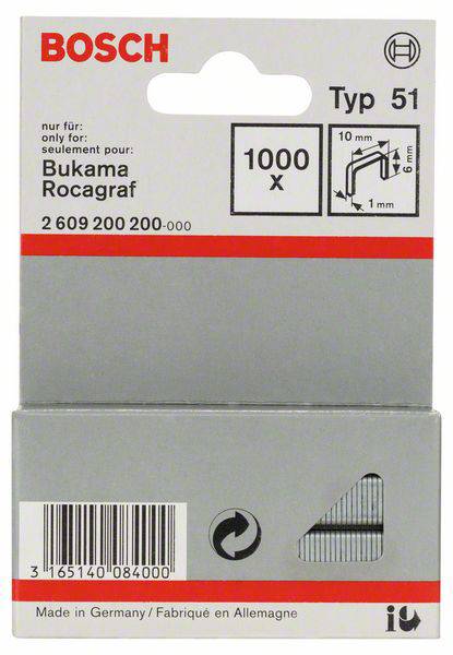 Bosch hæfteklammer Type 51 til Bukama Rocagraf, 1000 stk., 10 mm længde. Emballage med stregkode og producentoplysninger.