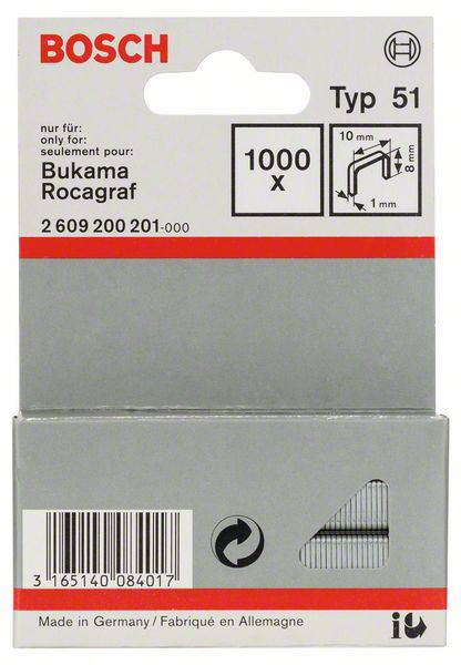 Emballage til Bosch-hæfteklammer, type 51, egnet til Bukama og Rocagraf. Indeholder 1000 stk., 10 mm lange, fremstillet i Tyskland.