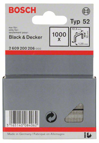 'Bosch Type 52' hæfteklammer-pakke: 1000 stk., kompatibel med 'Black & Decker'. Hæfteklammemål: 12,3 mm x 1,25 mm. Fremstillet i Tyskland.