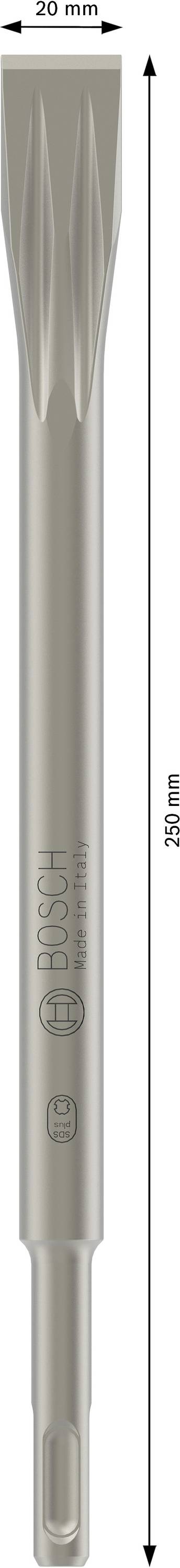 Illustration af en spidskonisk bor med mål: 20 mm bredde, 250 mm længde. Egnet til arbejde med beton og natursten.