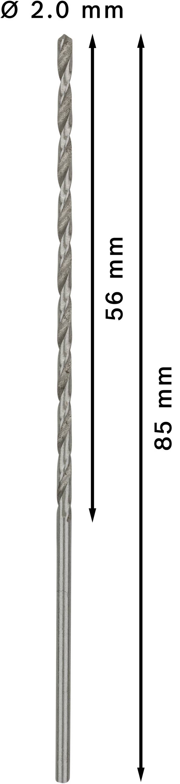 Afbildet er et bor med en diameter på 2,0 mm og en samlet længde på 85 mm. Spirallængden er 56 mm.
