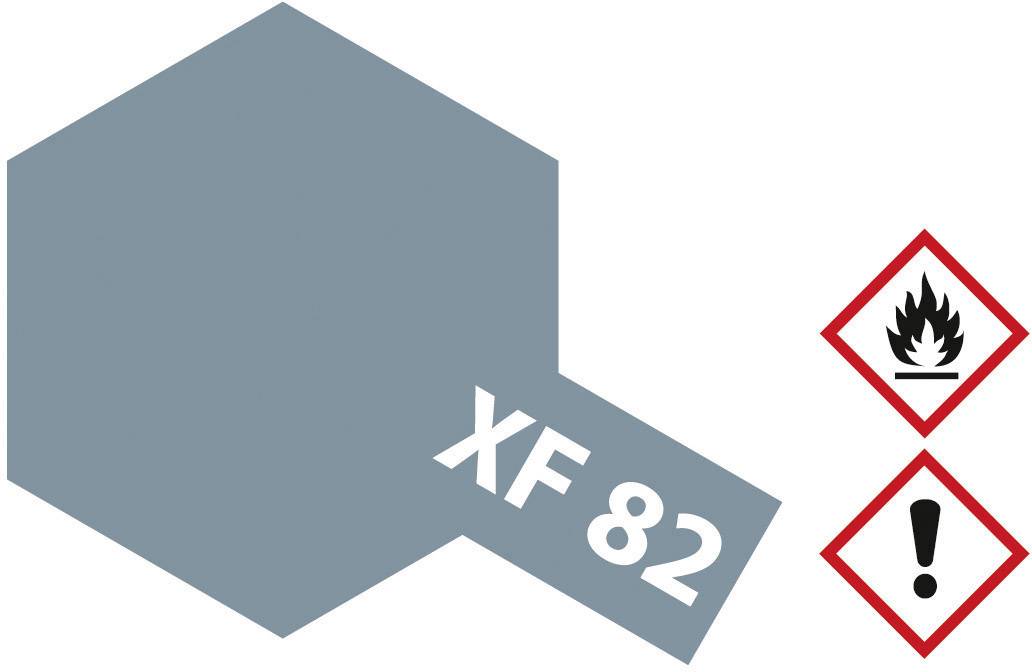 Gråblåt farveområde med påskriften 'XF 82'. Ved siden af to symboler: Flamme for antændelighed og udråbstegn for forsigtighed.