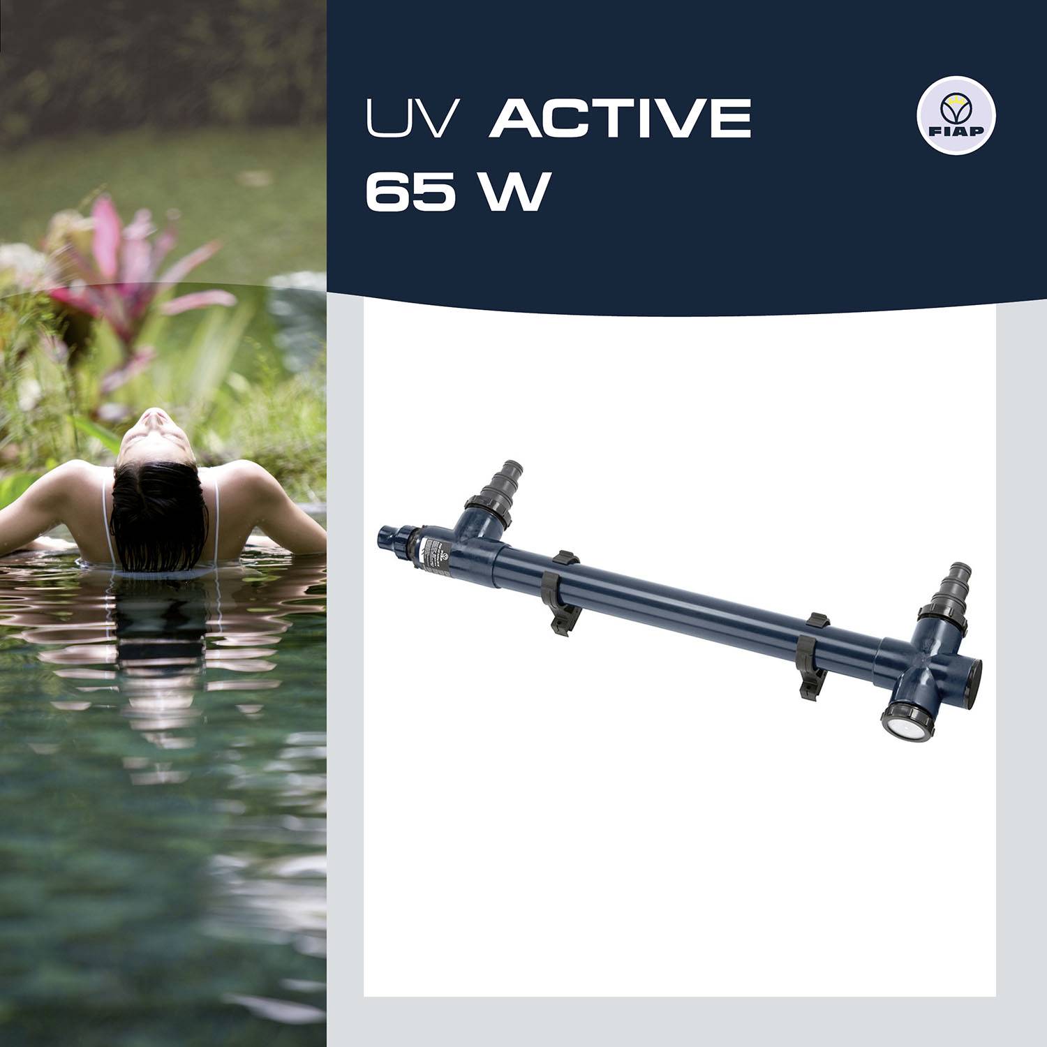 'UV Active 65 W' ses på et produktbillede fra FIAP, der viser en enhed til vandbehandling. Til venstre i billedet svømmer en person i vandet.