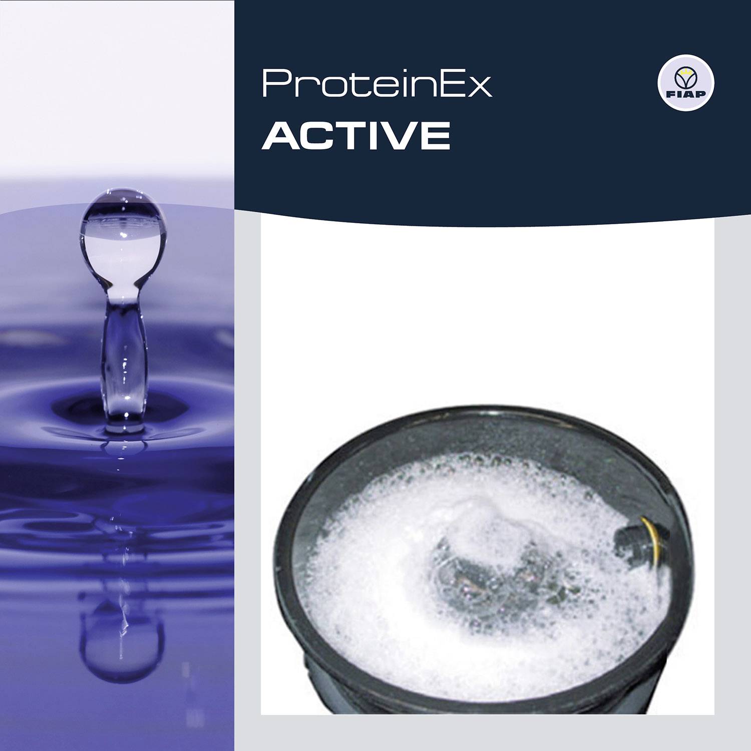 Dråber af vand og skum viser renheden og effektiviteten af vaskemidlet 'ProteinEx ACTIVE' fra FIAB.
