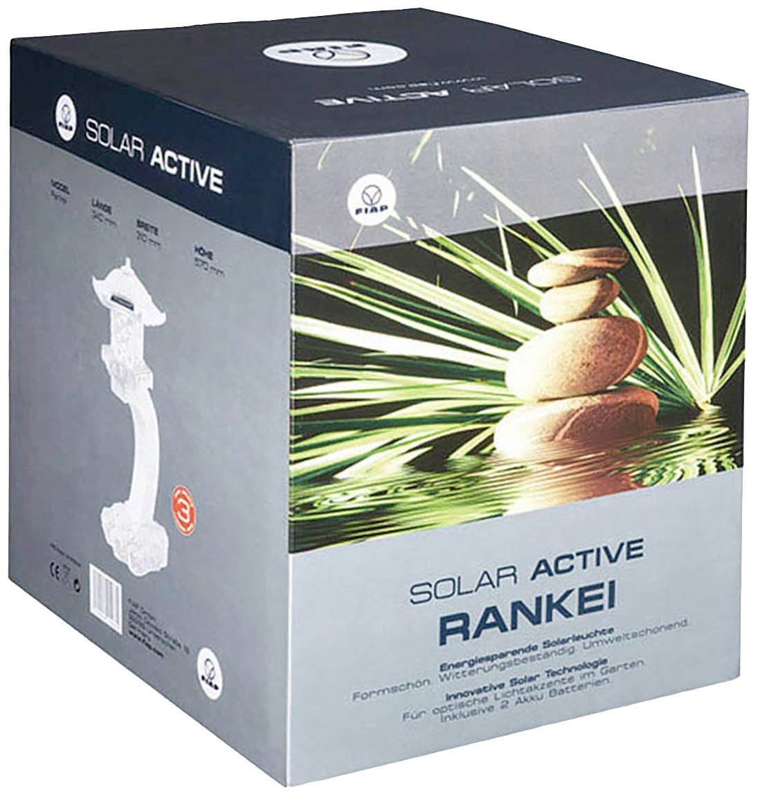 Solarlygtens 'Solar Active RANKEI' æske med billede af sten og græs. Energibesparende, vejrbestandig, med batteri, til haven.