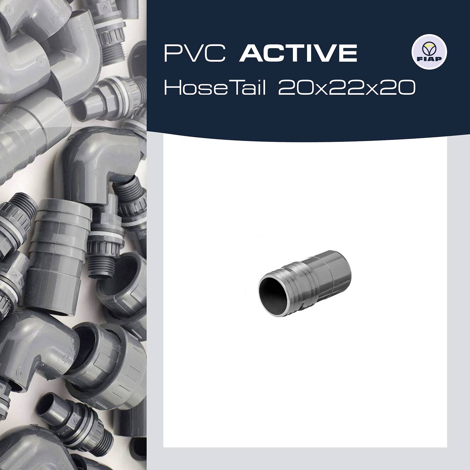 'PVC ACTIVE HoseTail 20x22x20' Mærkning med et billede af grå plastikrørforbindelser. Illustrerer produktdetaljer.