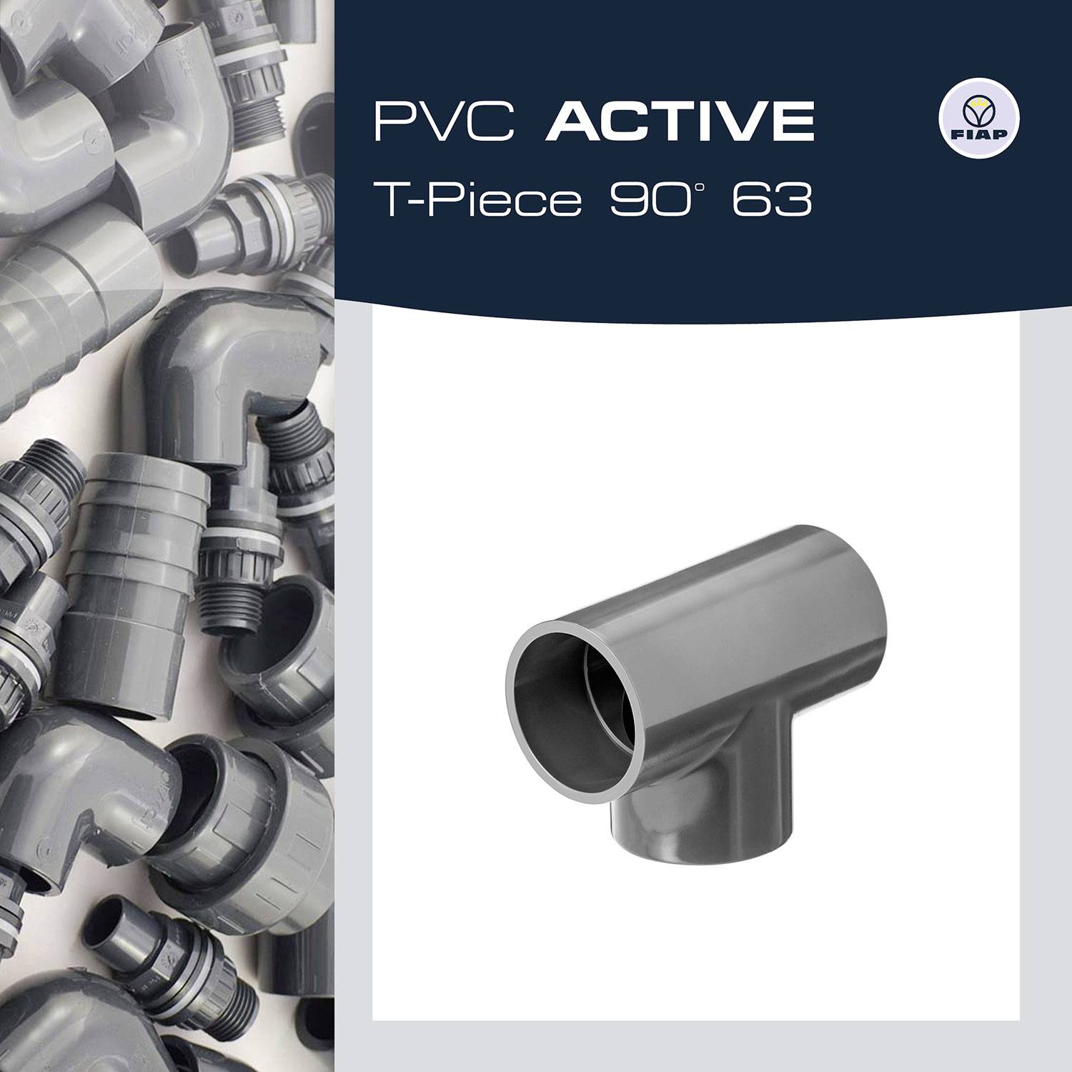Grå PVC-forbindelsesstykker og T-stykke med 90°-vinkel afbildet. Tekst: 'PVC ACTIVE T-stykke 90° 63', FIAP-logo øverst til højre.