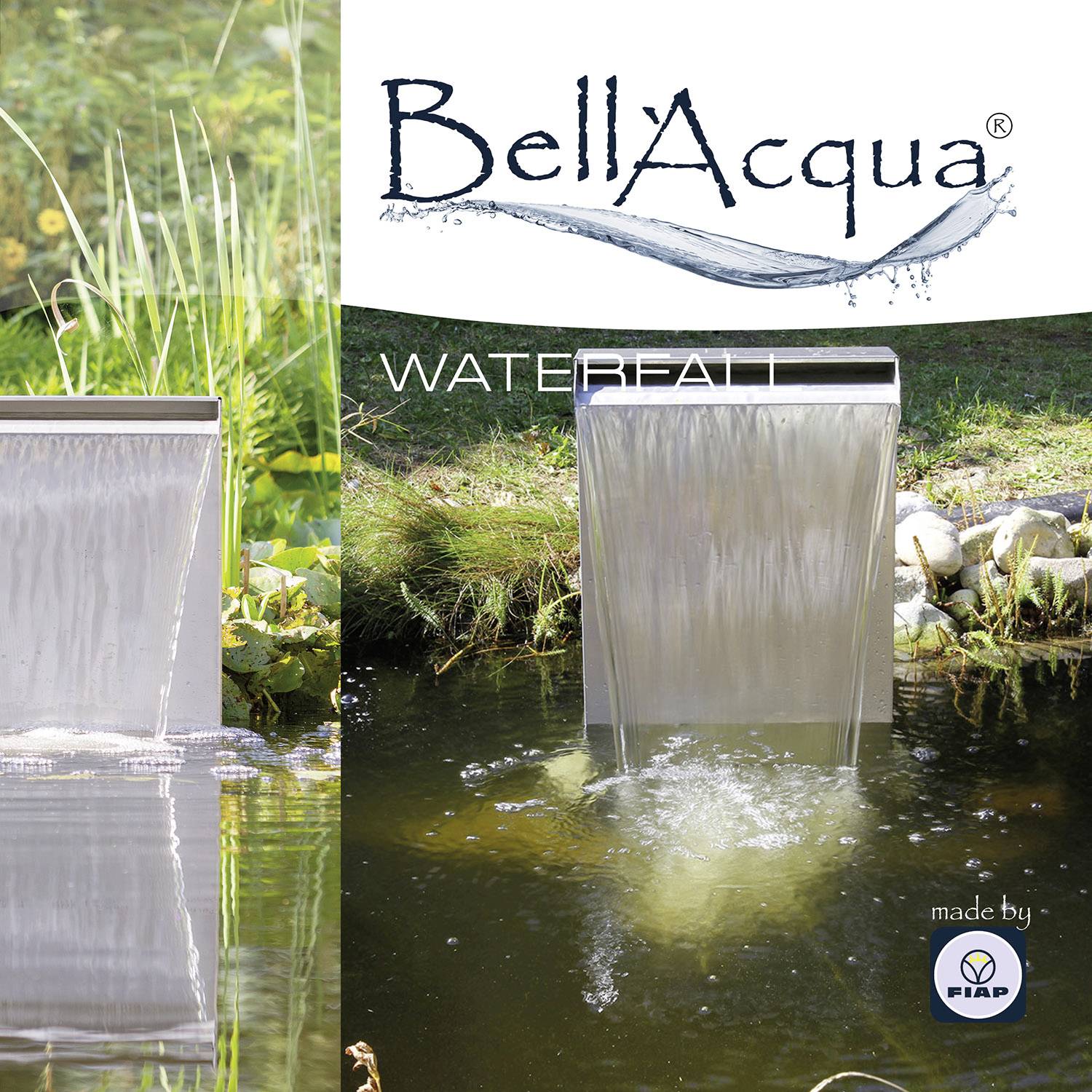Reklameplakat for BellAqua vandfaldprodukt med stiliseret vandfaldsbillede i det fri og virksomhedens logo.