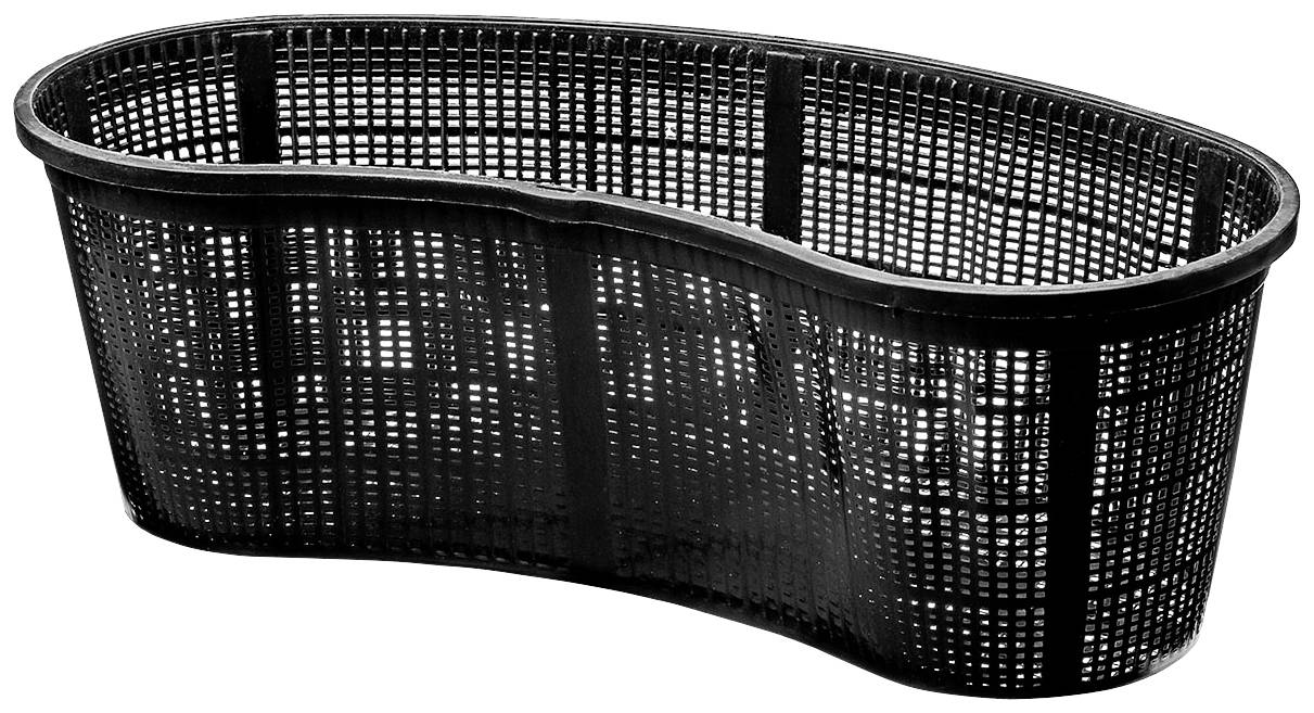 En sort, buet plastkurv med åbne gitre, der er egnet til ventilation eller opbevaring af genstande.