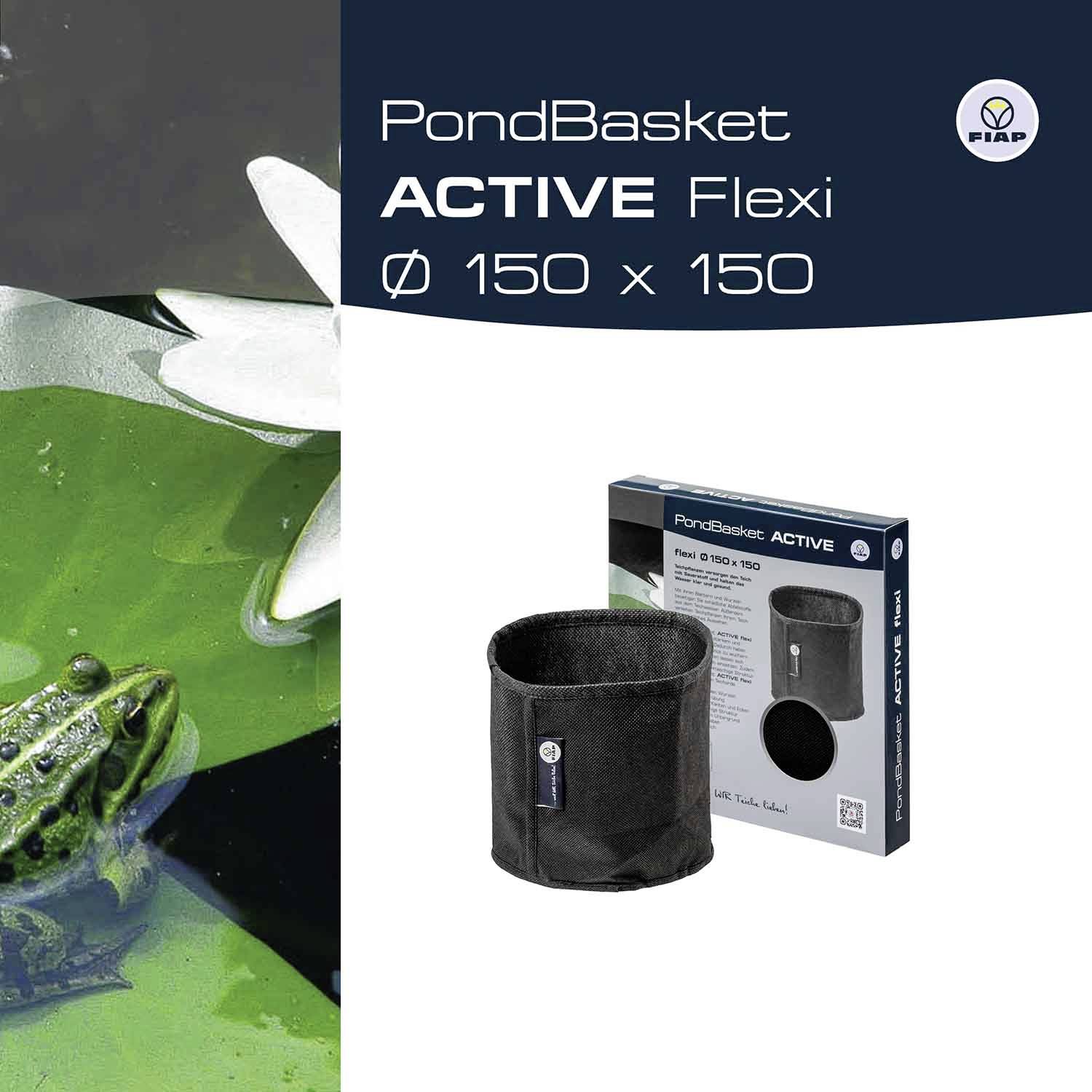 'PondBasket ACTIVE Flexi Ø 150 x 150' Produktbillede viser en sort havebassin kurv og emballage foran grønt vand med åkander.