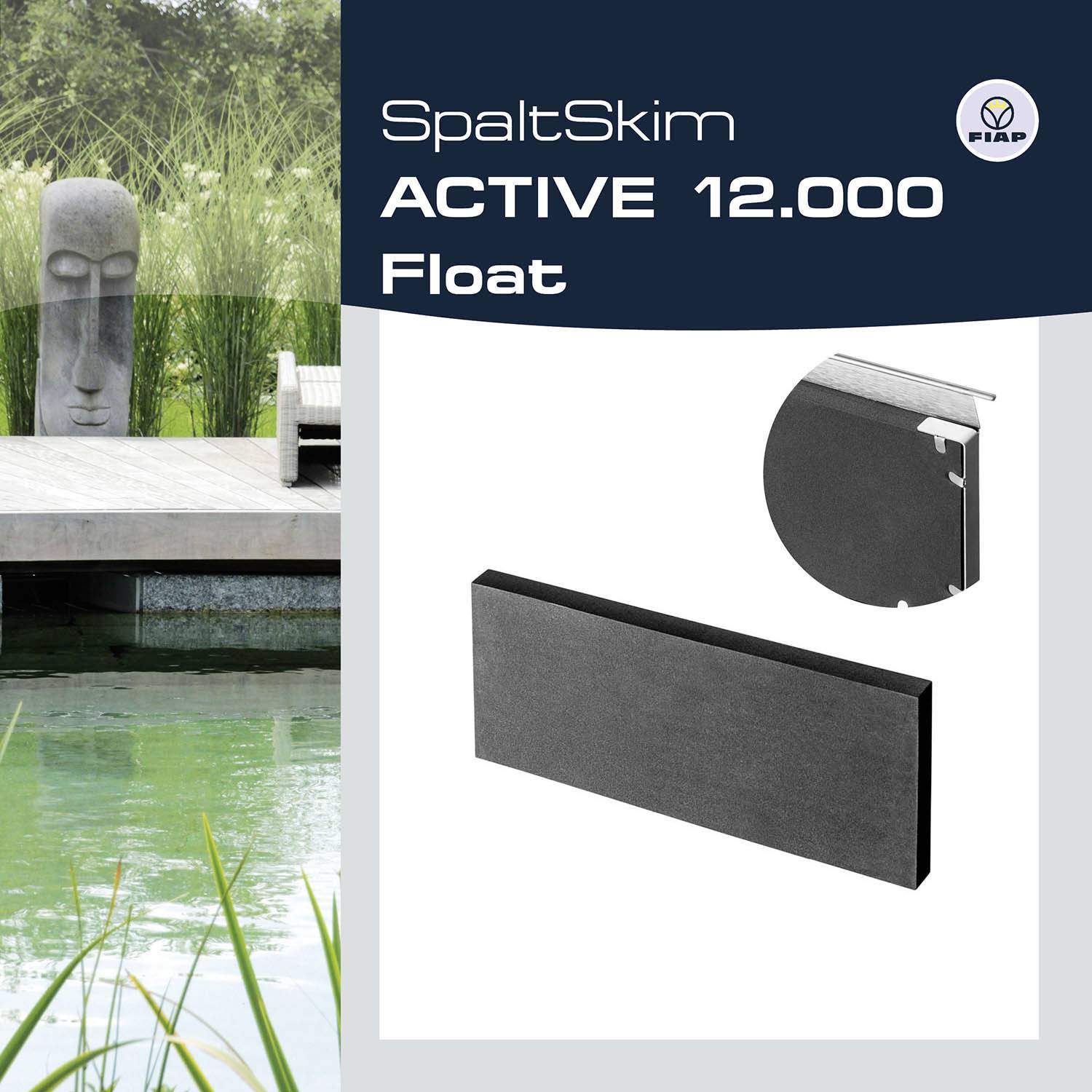 'SpaltSkim ACTIVE 12.000 Float' produktillustration med grå rektangulær genstand på moderne baggrund.