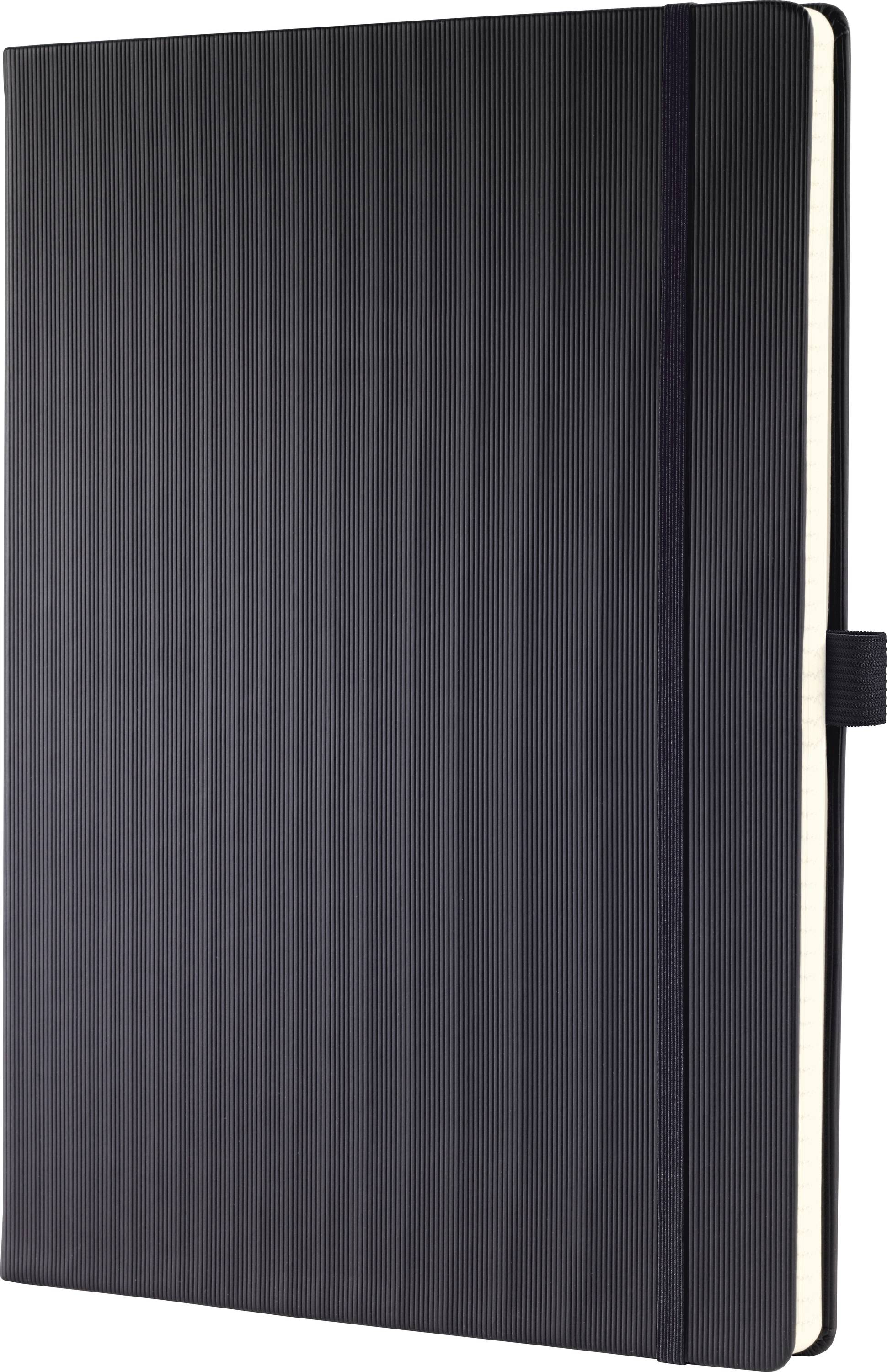 Sort hardcover notesbog med elastisk lukkebånd, vist lukket på hvid baggrund.