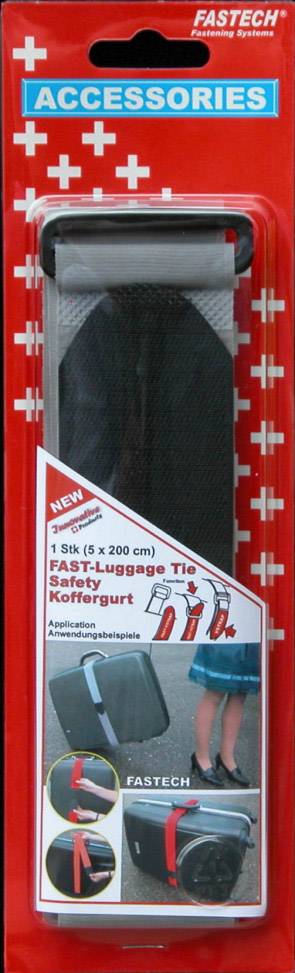 'FAST-Luggage Tie Koffergurt', grå rem i sort emballage, med røde accenter. Viser brug på kufferter.