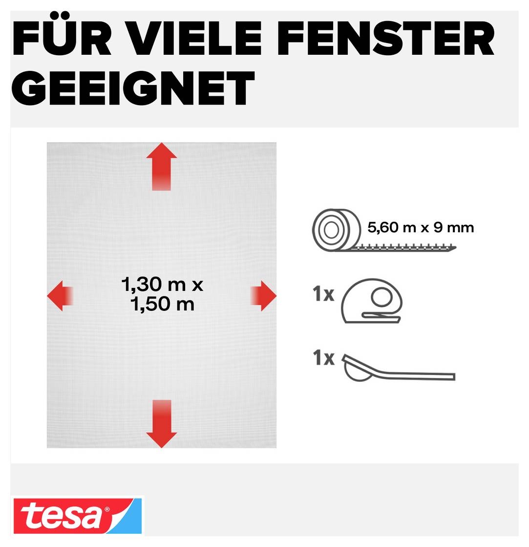 Infografik om vinduesanvendelse: 'EGNET TIL MANGE VINDUER', vinduesstørrelse 1,30 m x 1,50 m, nødvendigt materiale: 5,60 m x 9 mm, 1x rulle, 1x håndtagsværktøj.