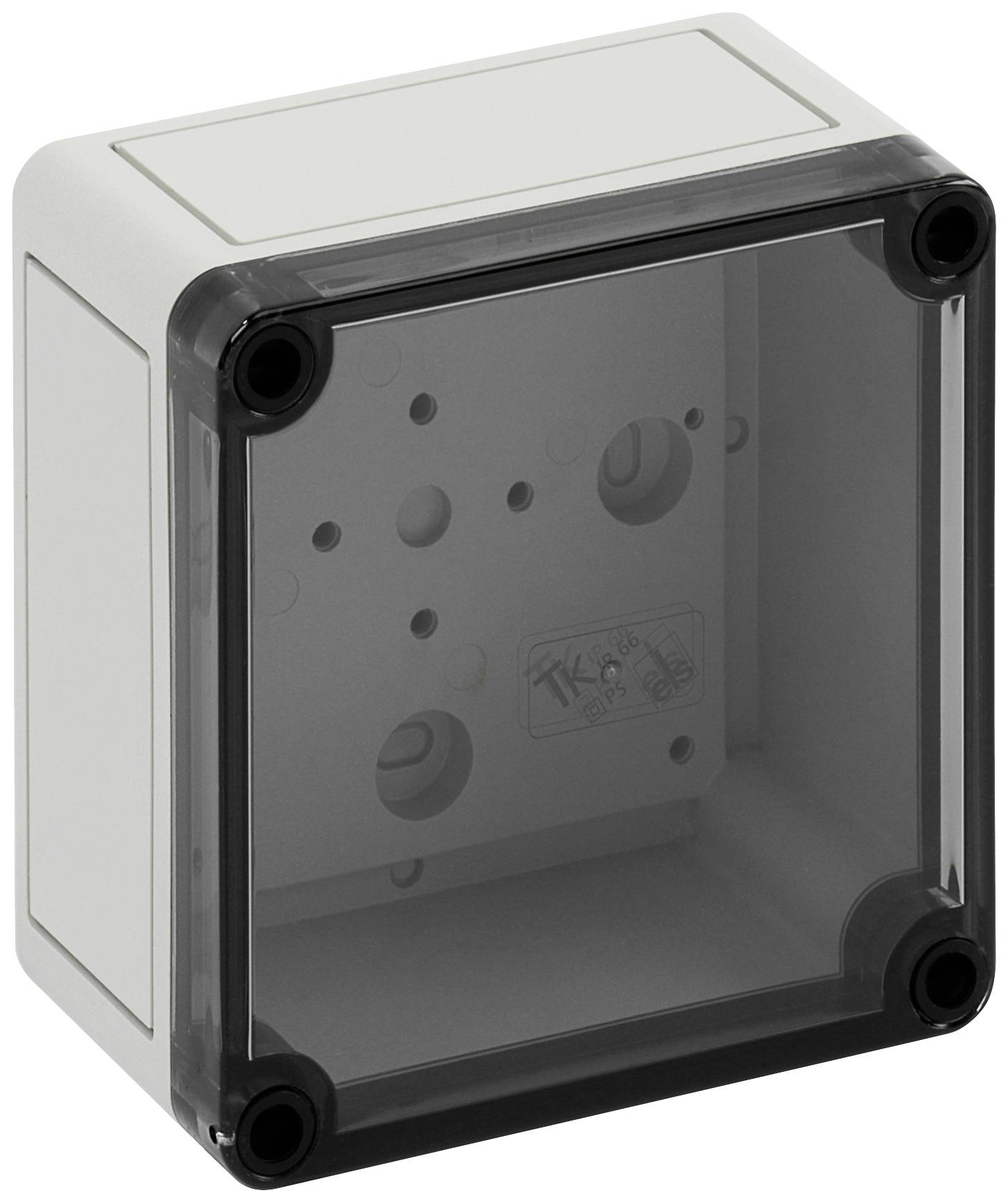 Et rektangulært, grå plastikkafdækning med transparent låg, egnet til elektriske installationer, med skruer i hjørnerne.