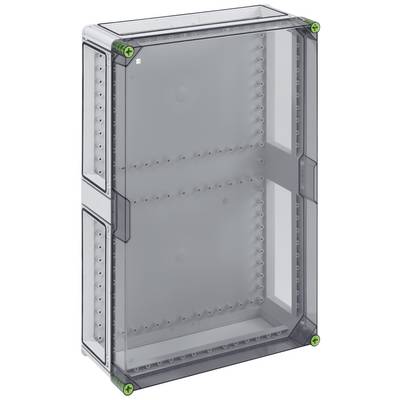 Transparent plastikkasse med rektangulær form, klare vinduer og grønne låg i hjørnerne. Velegnet til elektriske installationer.