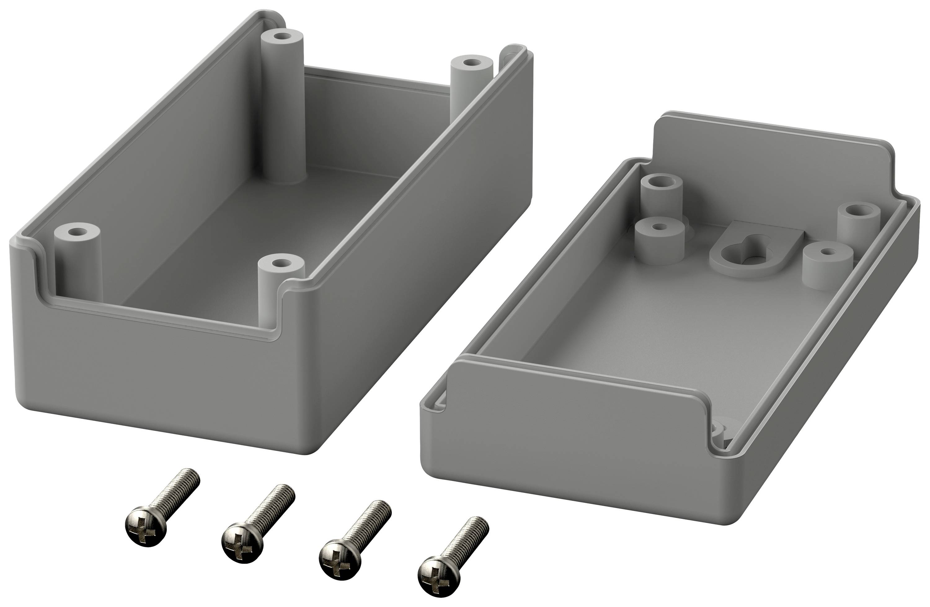 Grå plastikkabinet, åbnet i to halvdele med fire skruer ved siden af. Egnet til elektronisk montering.