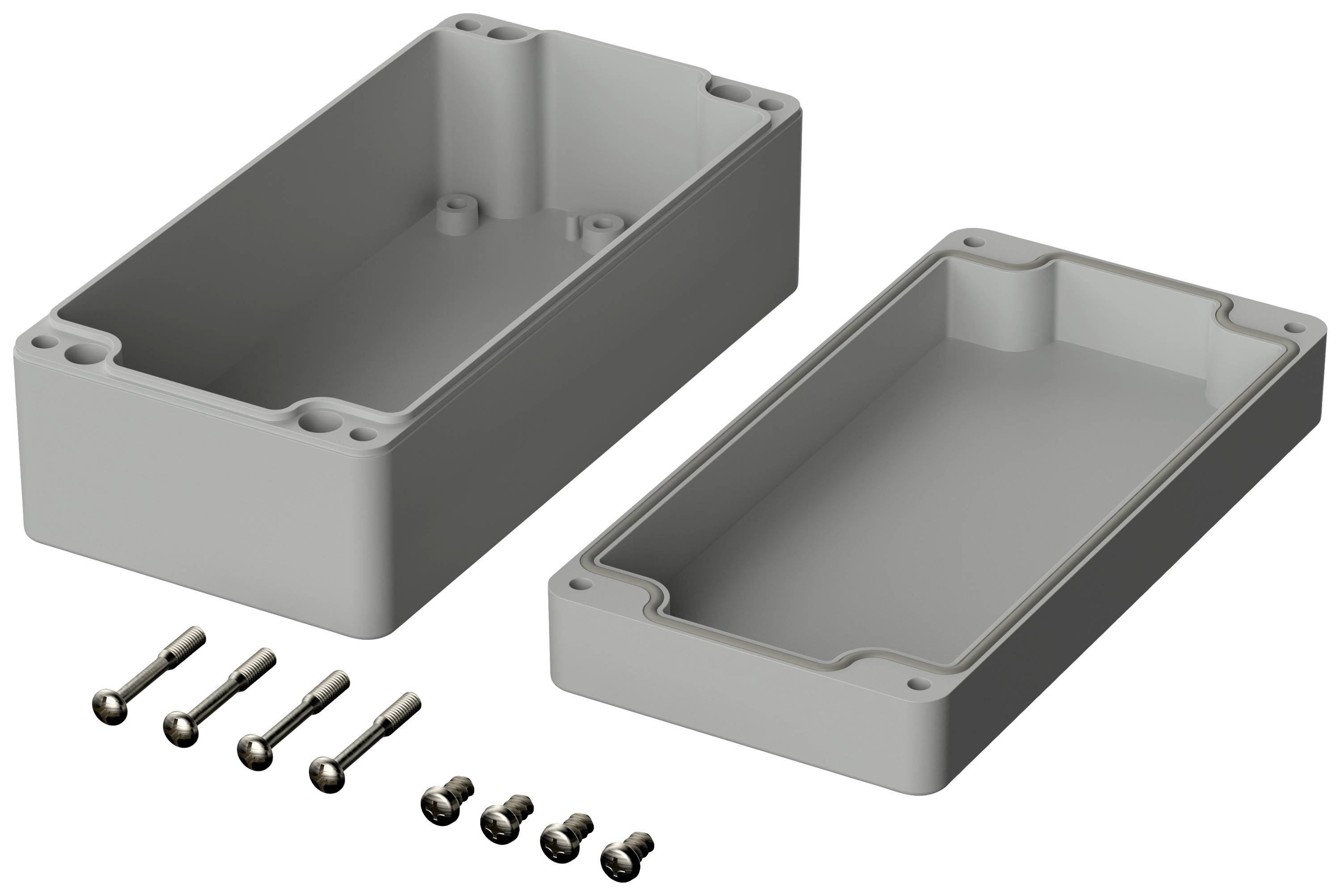 Kabinet af grå plastik, bestående af to halvdele fastgjort med skruer. Bruges til elektroniske komponenter.