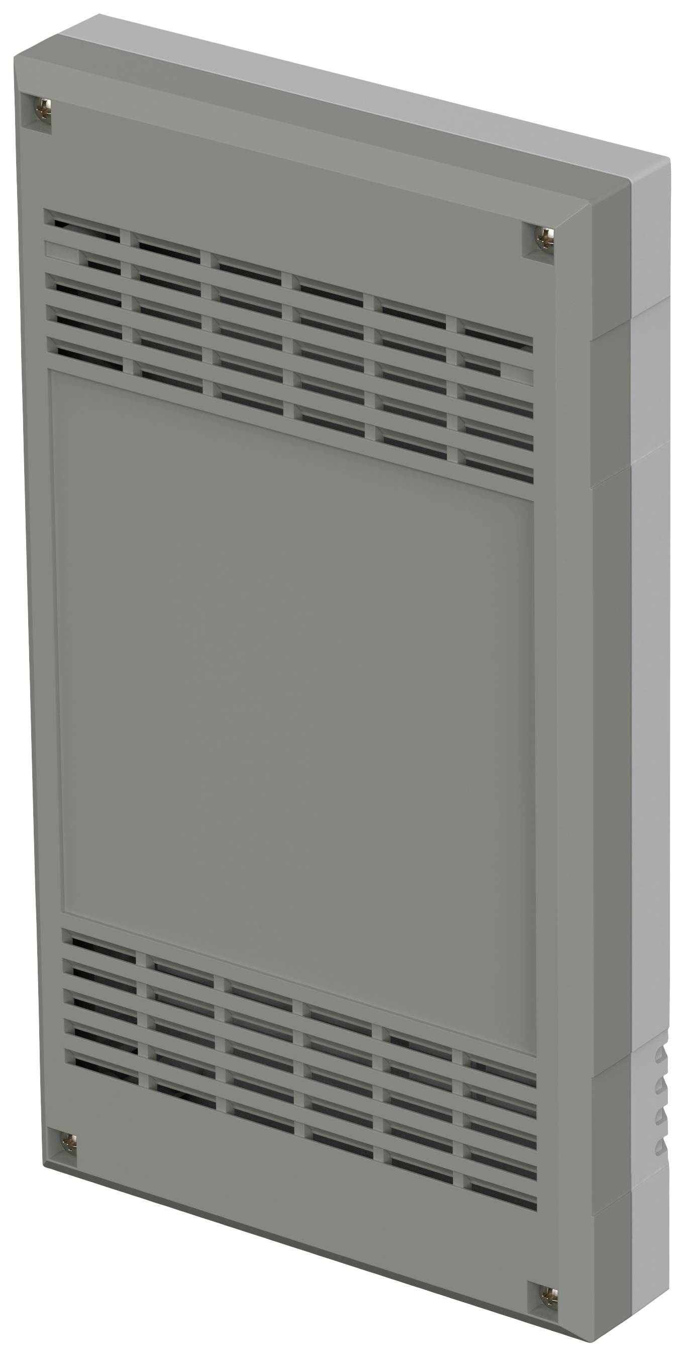 Et rektangulært gråt kabinet med ventilationssprækker øverst og nederst, synlige sideskruer i alle hjørner.