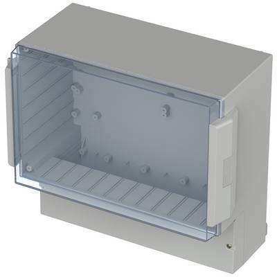 Grå, rektangulær kabinet med transparent frontlåg, egnet til montering af elektriske apparater eller fordelingskomponenter.