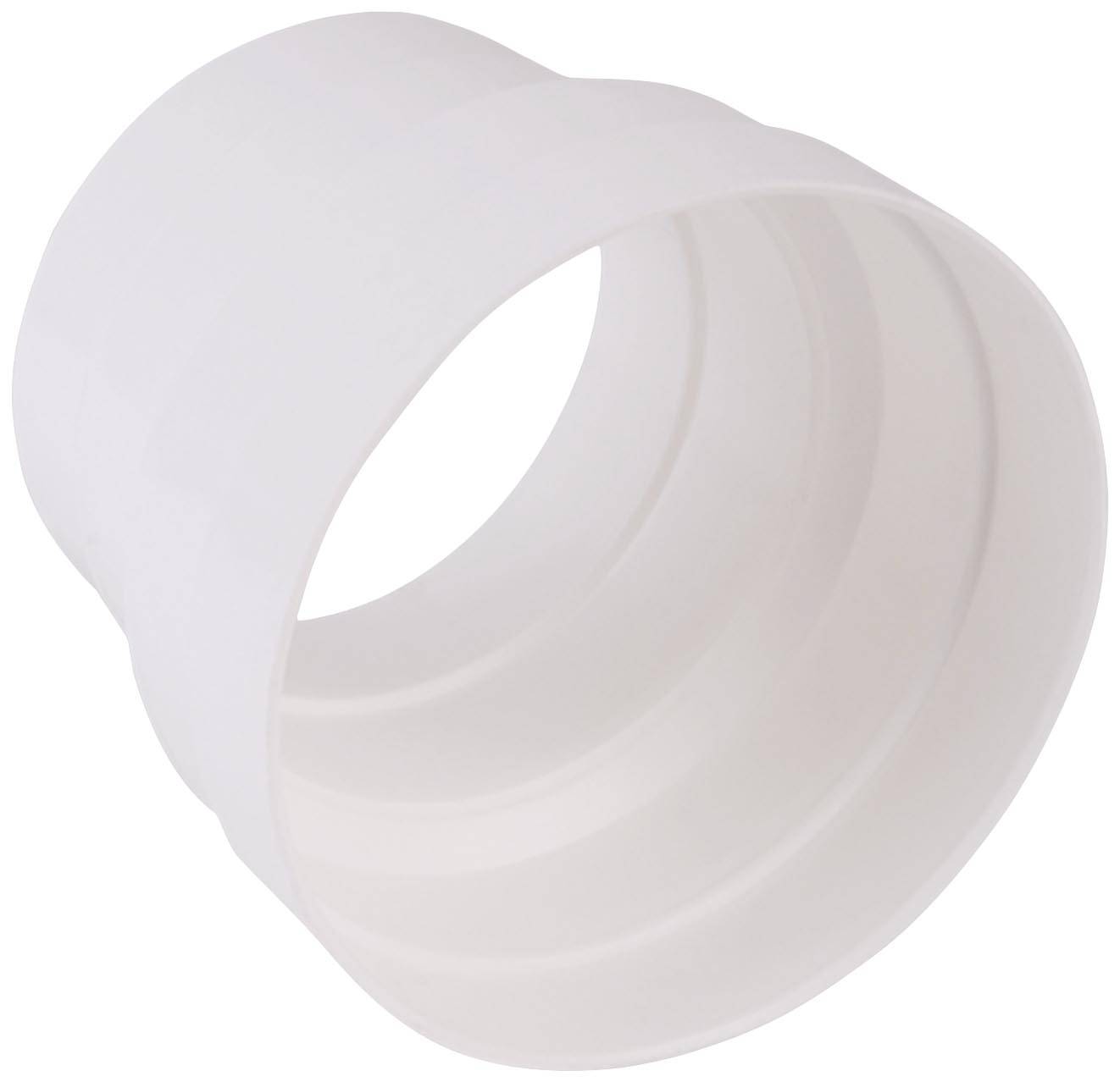 En hvid, rund adapter af plastik med trinvise riller. Den bruges til at forbinde rør af forskellige størrelser.
