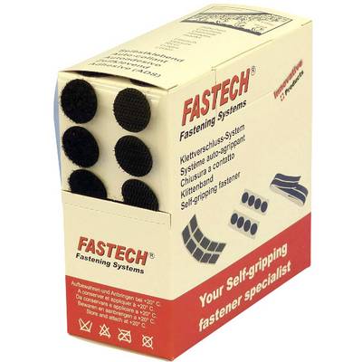 Fastech krog- og lukningssystem-emballage viser sorte runde lukkemekanismer på venstre side. Slogan: 'Din specialist i selvhæftende fastgørelsessystemer'.