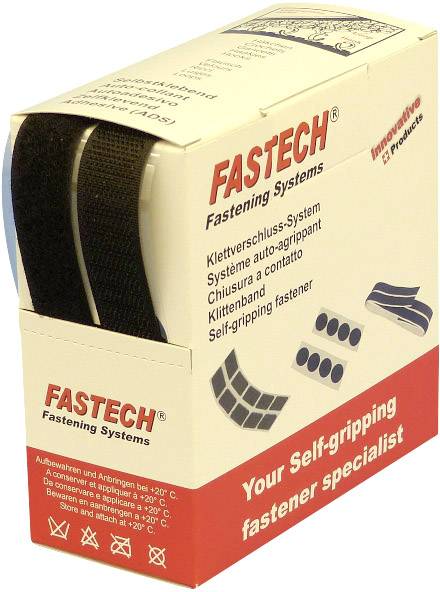 Emballage til et velcro-system fra 'FASTECH'. Indeholder sorte velcrobånd. Tekst: 'Din specialist i selvhæftende lukkesystemer'.