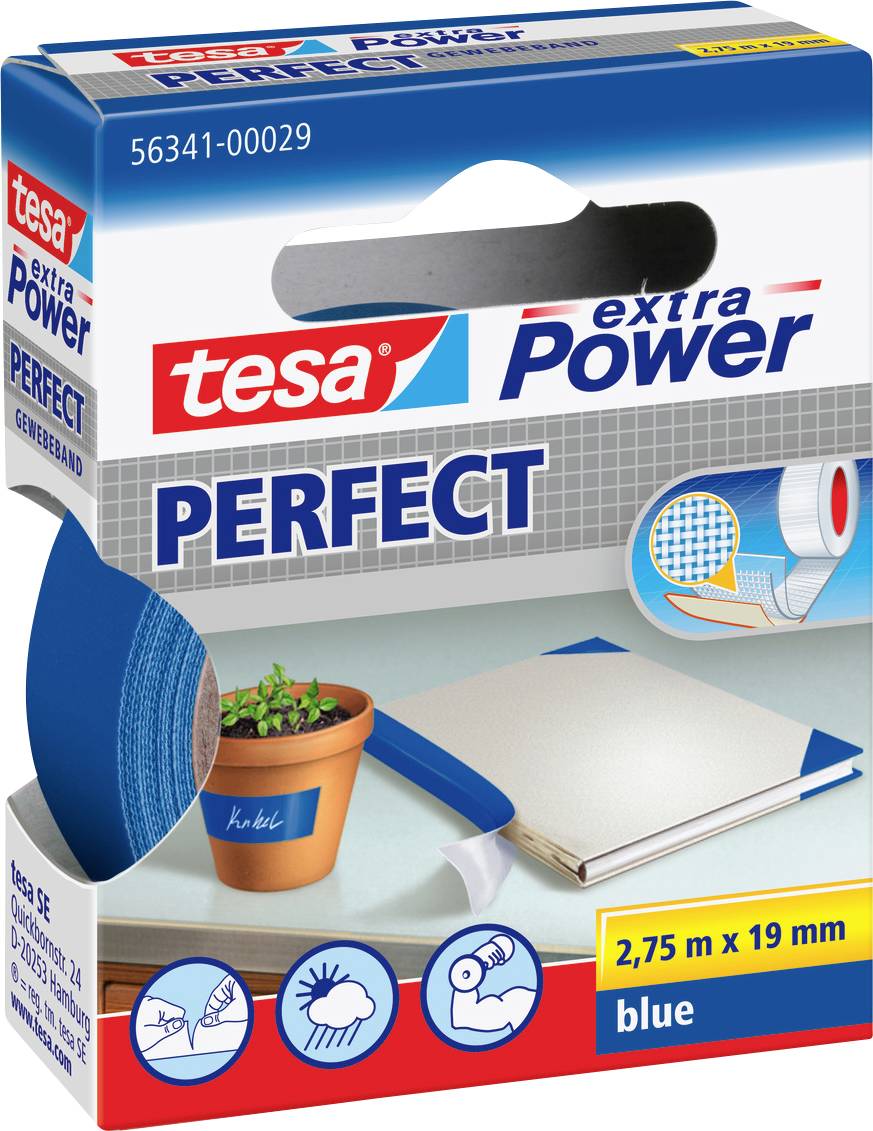 En pakke Tesa ekstra Power Perfect tape, 2,75m x 19mm, blå. Æsken viser billeder, der antyder anvendelser som reparation og samling.