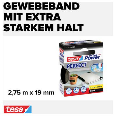 Emballagebillede af 'tesa extra Power Perfect' vævetape, sort, 2,75 m x 19 mm, med ekstra stærkt hold, til reparationer.